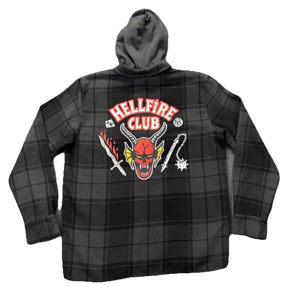 Stranger Things Shirt Jacket Mens Large Black Gray Plaid Hooded Hellfire Club
